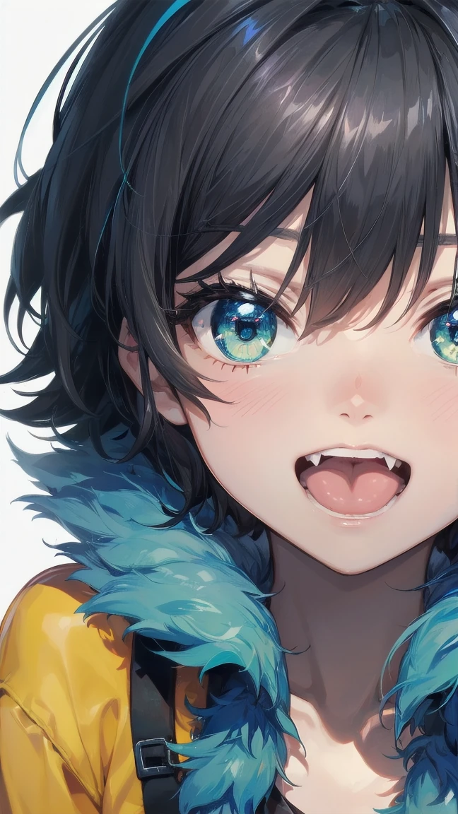 Close-up of a cartoon girl with blue hair and a yellow shirt, 2D Animation, 2D Animation style, 2D Art, 2D Art, 2D from Gorillaz, 2D from Gorillaz, 2D Gorillaz, Screaming Cerket, 2D Sprites, Jinx Face, short hair, Small breasts, hot pants, ((Black Hair, Bright blue fur inside:1.4))