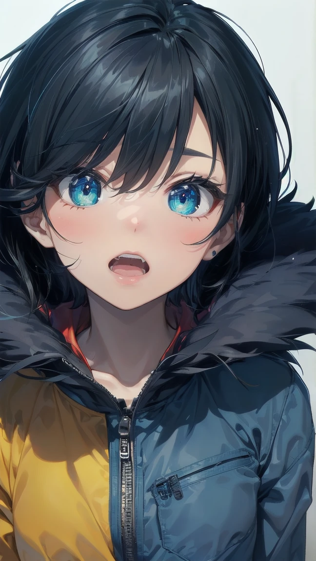 Close-up of a cartoon girl with blue hair and a yellow shirt, 2D Animation, 2D Animation style, 2D Art, 2D Art, 2D from Gorillaz, 2D from Gorillaz, 2D Gorillaz, Screaming Cerket, 2D Sprites, Jinx Face, short hair, Small breasts, hot pants, ((Black Hair, Bright blue fur inside:1.4))