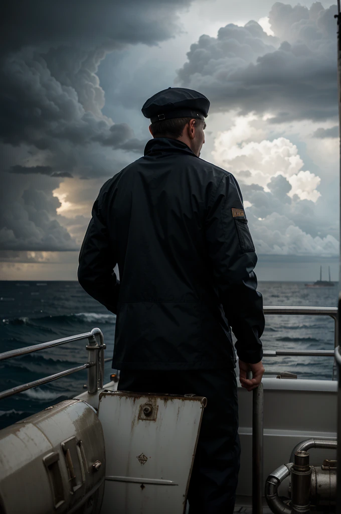 a man standing on a ship, facing turbulent weather.the storm brewing infront of him. On the back of his boiler suit a name is written  the name 'Anglo Eastern'."
And he is facing the sea