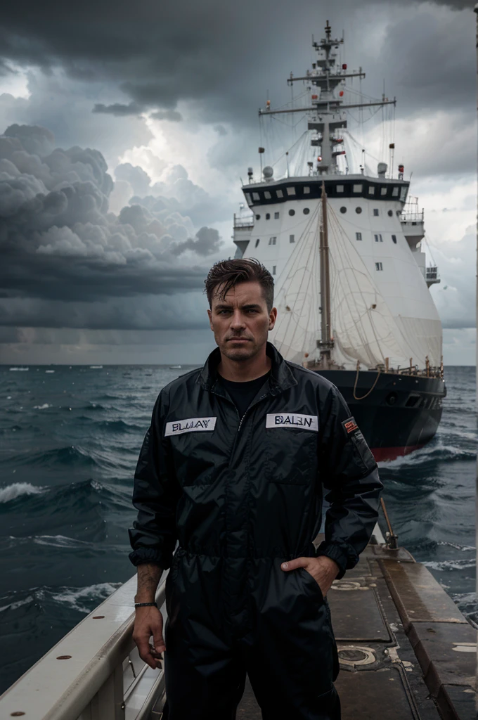 a man standing on a ship, facing turbulent weather.the storm brewing infront of him. On the back of his boiler suit a name is written  the name 'Anglo Eastern'."
And he is facing the sea