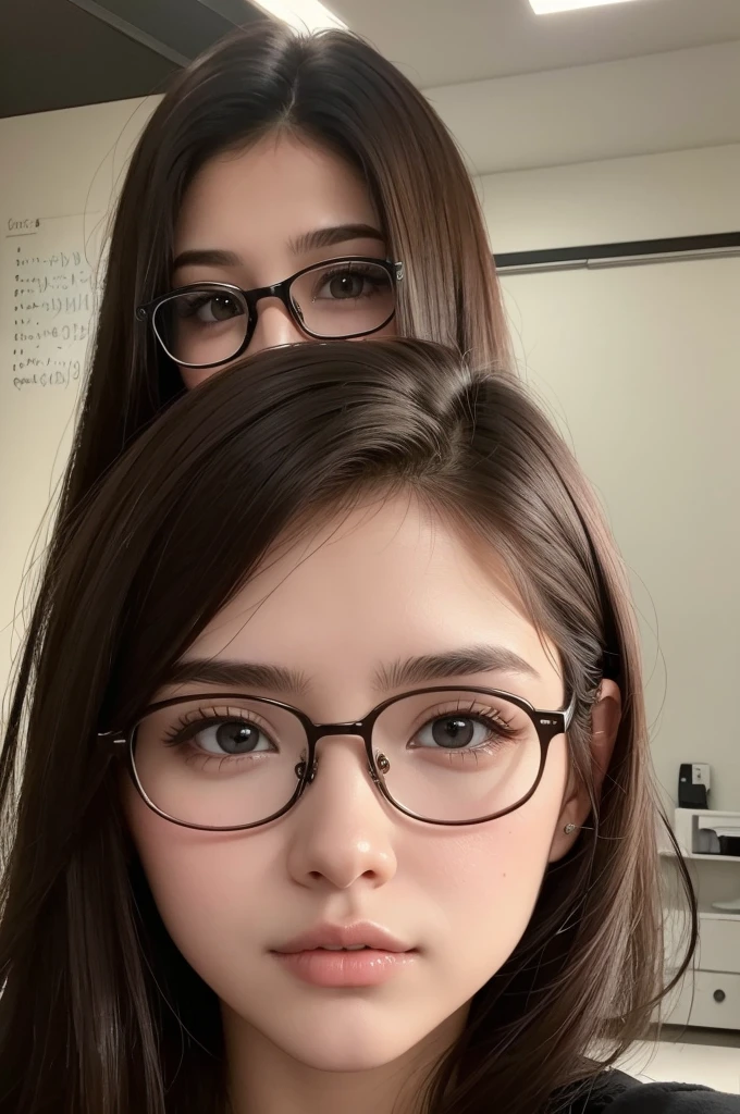 ((best quality)), ((masterpiece)), (detailed), perfect face uma mulher de 20 anos, cabelos longos, dark brown hair color Wears prescription glasses dark eye color girl passionate about mathematics