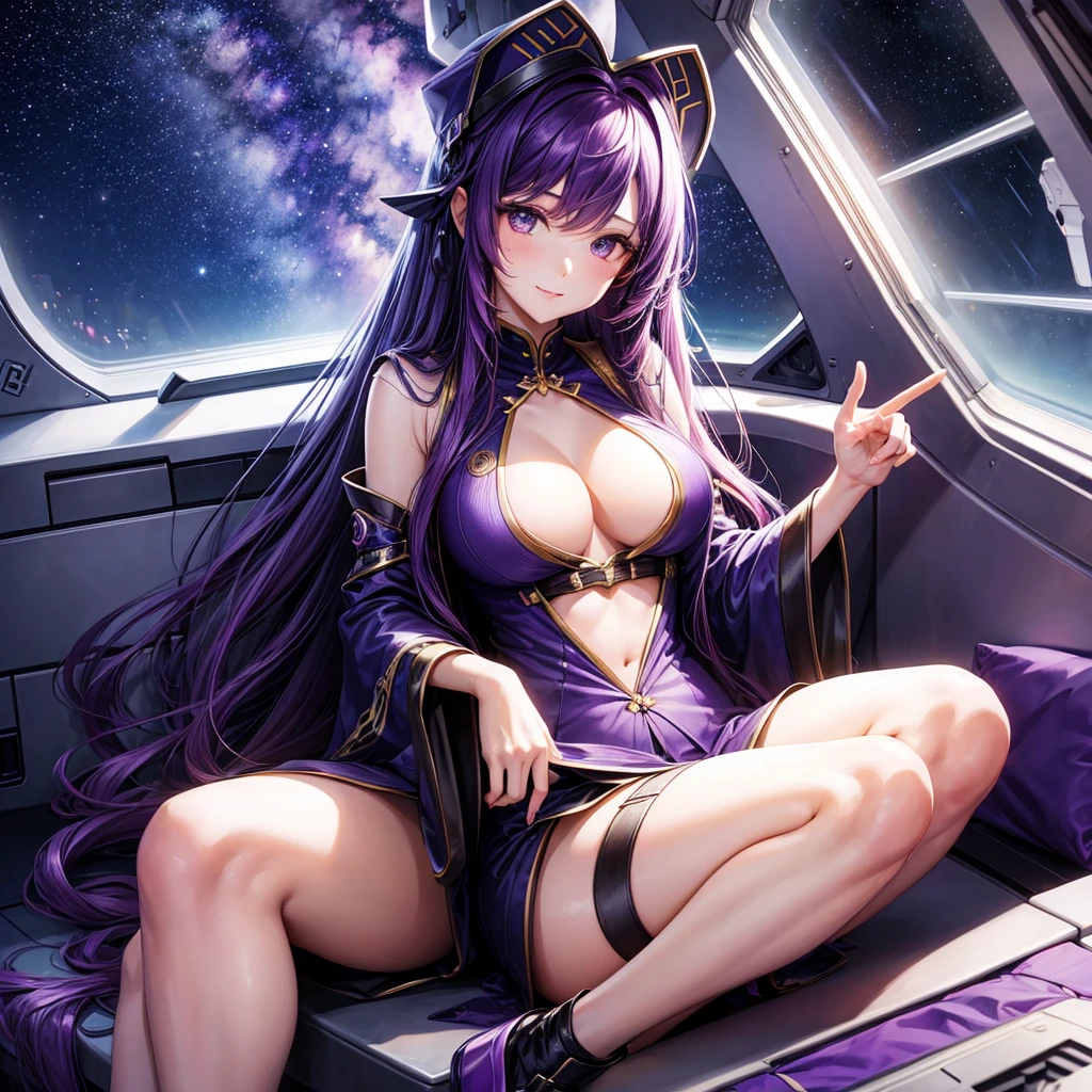 A young sexy woman with long purple hair and sexy clothes sits in a spaceship seat、A beautiful starry sky can be seen from the window.。