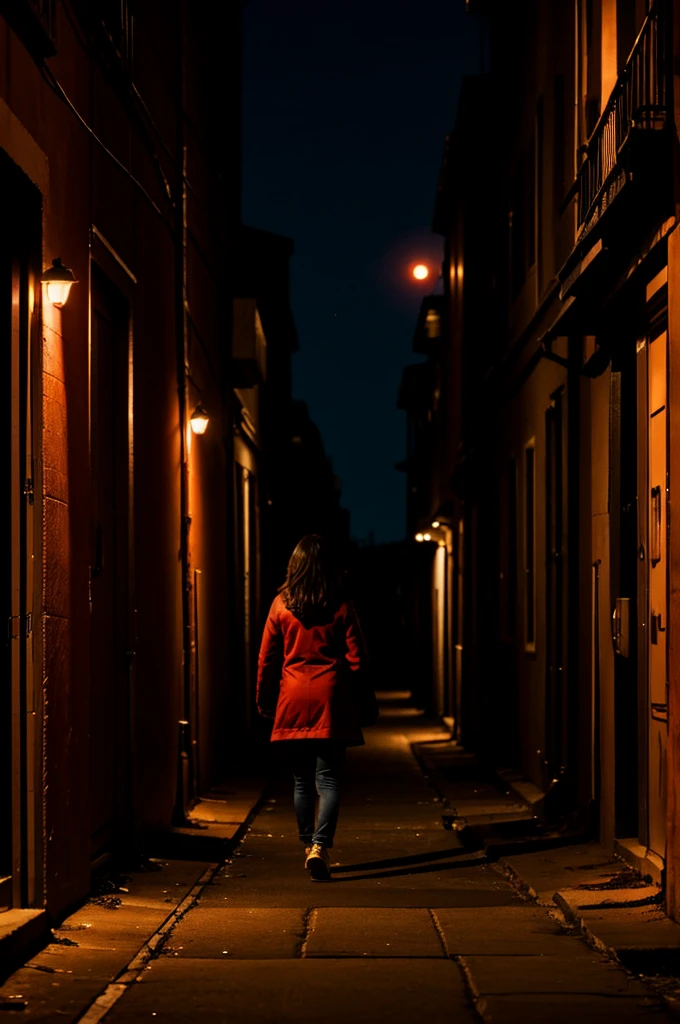 On a night with lights and a red moon, A woman walks alone in a lonely alley., Realistic images, 4k resolution,