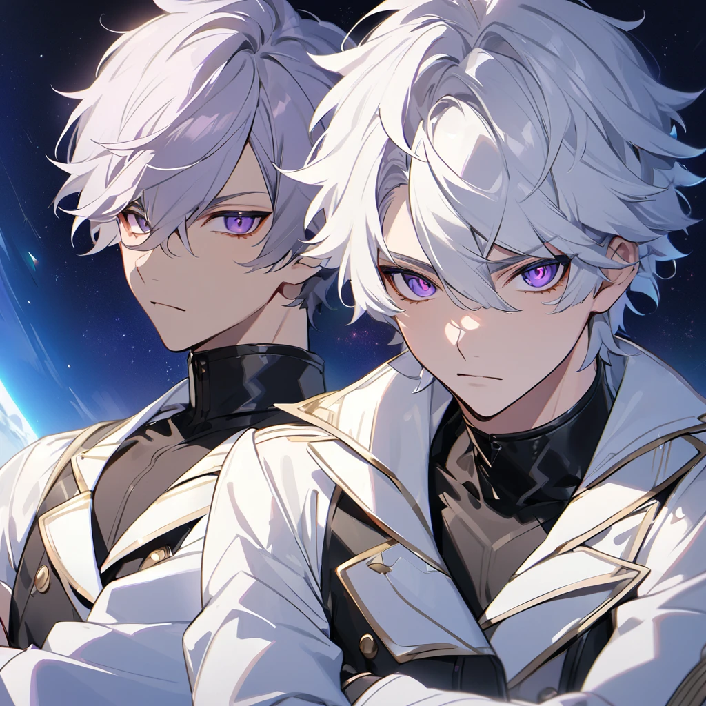 High quality, HD, 4k, handsome male, 1male, , teenager, go lining, short white hair, sharp eyes, dark purple eyes, deep purple eyes, devil may cry, close up, calm expression, stoic expression, black leather clothes, white leather clothing, lean body, crossed arms, looking at viewer, white solar, space background