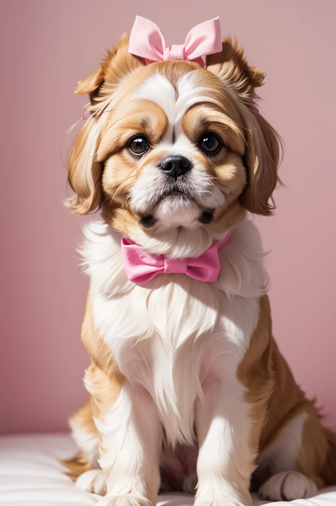 Make a realistic picture of a female golden shihtzu with white, pink bow on the topknot, olhos mel