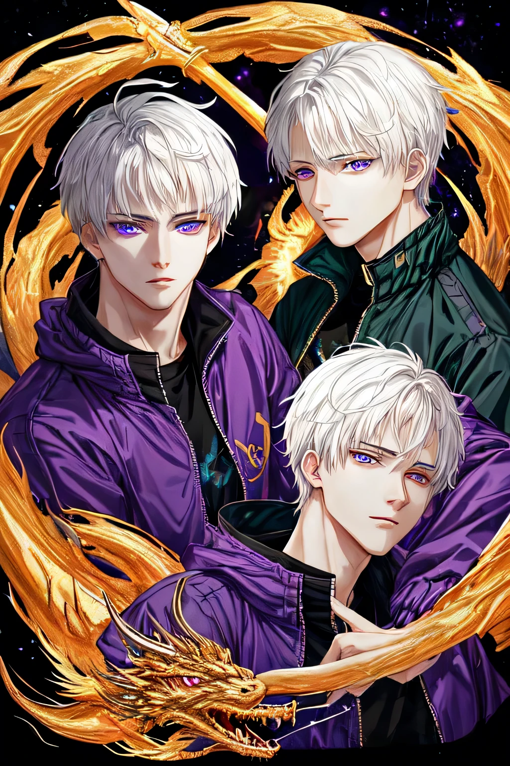 White short hair，Handsome young male,Perfect facial features,Cold eyes，Purple gradient vertical pupil，Wearing black clothes with gold trim，Black windbreaker with gold trim and dragon pattern，Finger double-edged sword，Black hole background