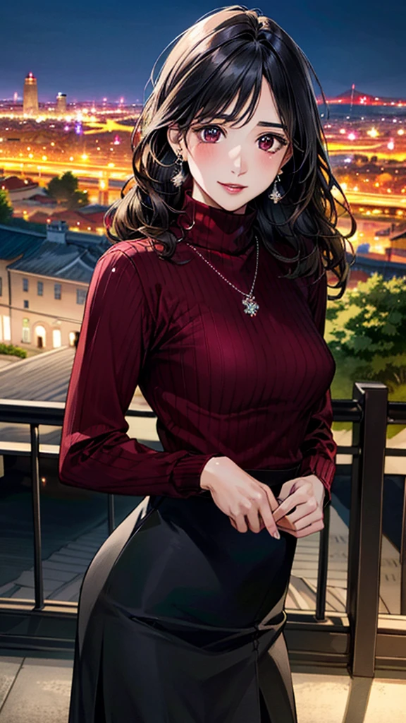 (masterpiece:1.3, Highest quality, Ultra-high resolution, Super detailed), (Realistic, photoRealistic:1.4), Beautiful illustrations, Perfect lighting, colorful, Depth of written boundary,
Beautiful detailed hair, Beautifully detailed face, Beautiful fine details, Beautiful clavicle, Beautiful body, 美しいLarge Breasts, Beautiful thighs, Beautiful feet, Beautiful fingers,
View Viewer、Front view:0.6, Beauty1人, Japanese, Beauty、30 years old, Perfect Face, (Perfect Anatomy, Anatomically correct), Cute and symmetrical face, , , Shiny skin,
((burgundy turtleneck sweater:1.4)),((Long skirt 1.5))
(Black Hair, Medium Wavy Hair:1.4), Dark brown eyes, (Large Breasts), Slim body,
necklace, (Small earrings:1.3),
(Beautiful views), (night), (city, cityscape in the distance), Standing with good posture, A soft smile、(Smile, Lips parted),