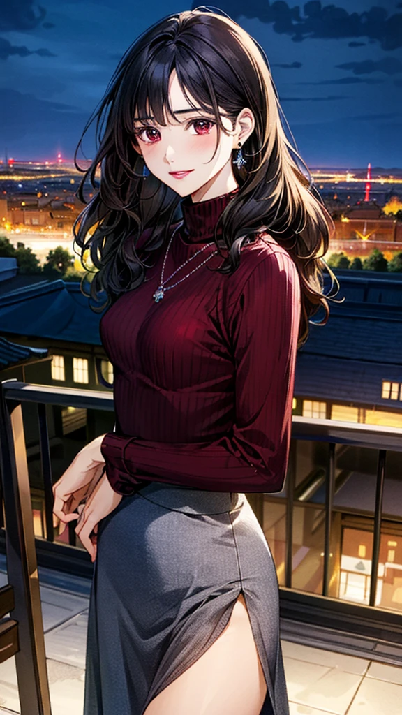(masterpiece:1.3, Highest quality, Ultra-high resolution, Super detailed), (Realistic, photoRealistic:1.4), Beautiful illustrations, Perfect lighting, colorful, Depth of written boundary,
Beautiful detailed hair, Beautifully detailed face, Beautiful fine details, Beautiful clavicle, Beautiful body, 美しいLarge Breasts, Beautiful thighs, Beautiful feet, Beautiful fingers,
View Viewer、Front view:0.6, Beauty1人, Japanese, Beauty、30 years old, Perfect Face, (Perfect Anatomy, Anatomically correct), Cute and symmetrical face, , , Shiny skin,
((burgundy turtleneck sweater:1.4)),((Long skirt 1.5))
(Black Hair, Medium Wavy Hair:1.4), Dark brown eyes, (Large Breasts), Slim body,
necklace, (Small earrings:1.3),
(Beautiful views), (night), (city, cityscape in the distance), Standing with good posture, A soft smile、(Smile, Lips parted),