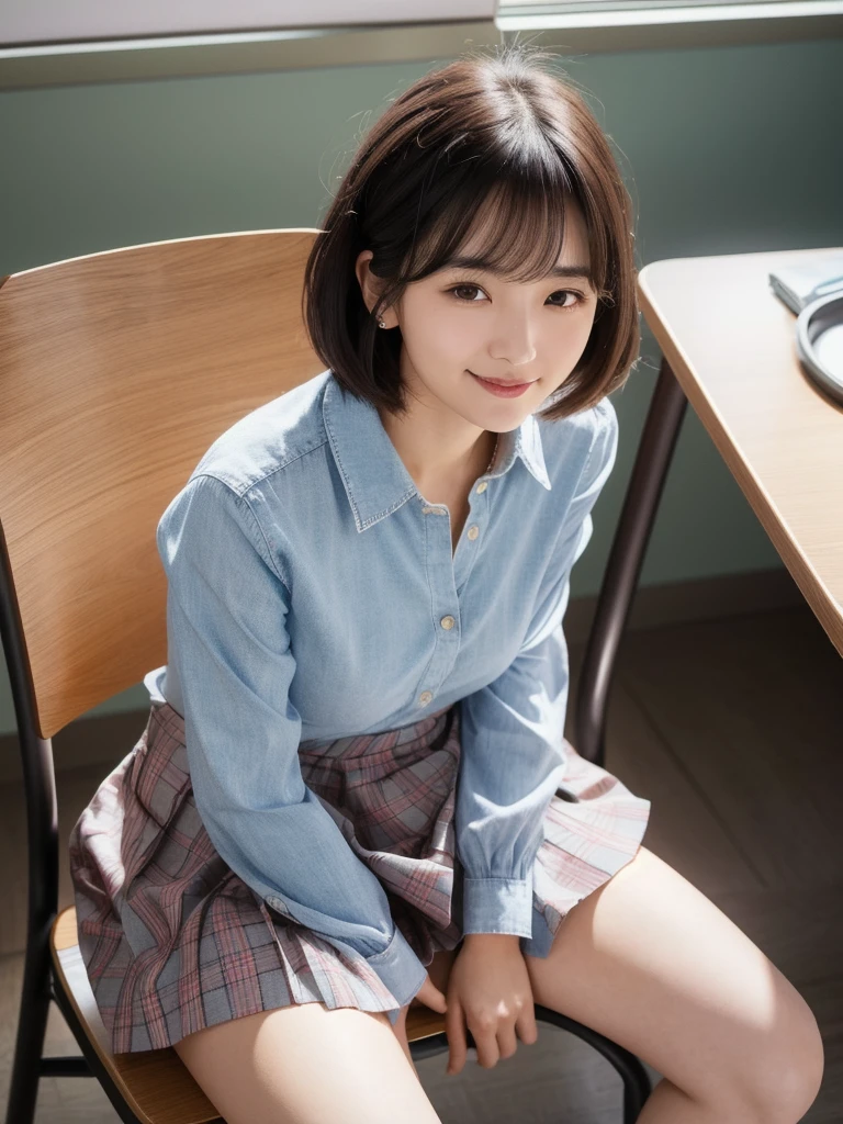 (8k, Photorealistic, Raw photo, Highest quality: 1.4),Japanese idol-style beautiful girl,1 person,17 years old,Hairstyle(Short Bob,Black),(My hair is disheveled and messy),She has her hair tucked behind her ears,Large, clear grey eyes,Long eyelashes,cheek(Plump,Flushing),Smiling mischievously,Thin and delicate shoulders,Cute lace bra,thin abdomen,Open shirt(Unbutton the front and open it completely :1.5,Hemming out),(Pleated skirt(Plaid)),School classroom,(Sit on a chair(Spread your legs wide:1.4,Lean forward on the chair with your hands between your legs.)),(She is looking down at the camera :1.5),Portrait