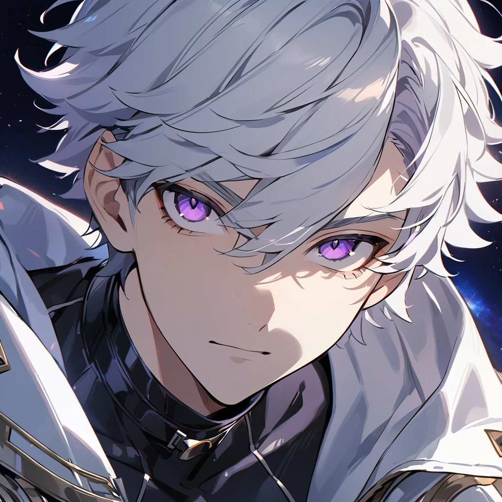 High quality, HD, 4k, handsome male, 1male, , teenager, golden lining, short white hair, sharp eyes, dark purple eyes, deep purple eyes, devil may cry, close up, calm expression, stoic expression, black leather clothes, white leather clothing, lean body, crossed arms, looking at viewer, white solar, space background