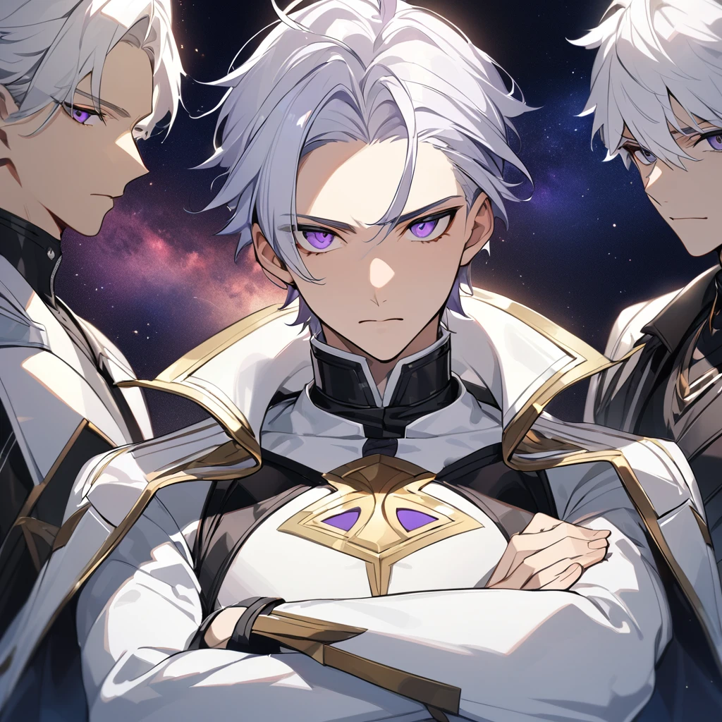 High quality, HD, 4k, handsome male, 1male, , teenager, golden lining, short white hair, sharp eyes, dark purple eyes, deep purple eyes, devil may cry, close up, calm expression, stoic expression, black leather clothes, white leather clothing, lean body, crossed arms, looking at viewer, white solar, space background