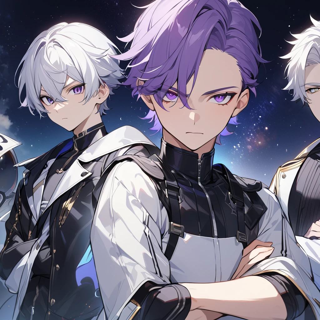 High quality, HD, 4k, handsome male, 1male, 17 years old, teenager, golden lining, short white hair, sharp eyes, dark purple eyes, deep purple eyes, devil may cry, close up, calm expression, stoic expression, black leather clothes, white leather clothing, lean body, crossed arms, looking at viewer, white solar, space background