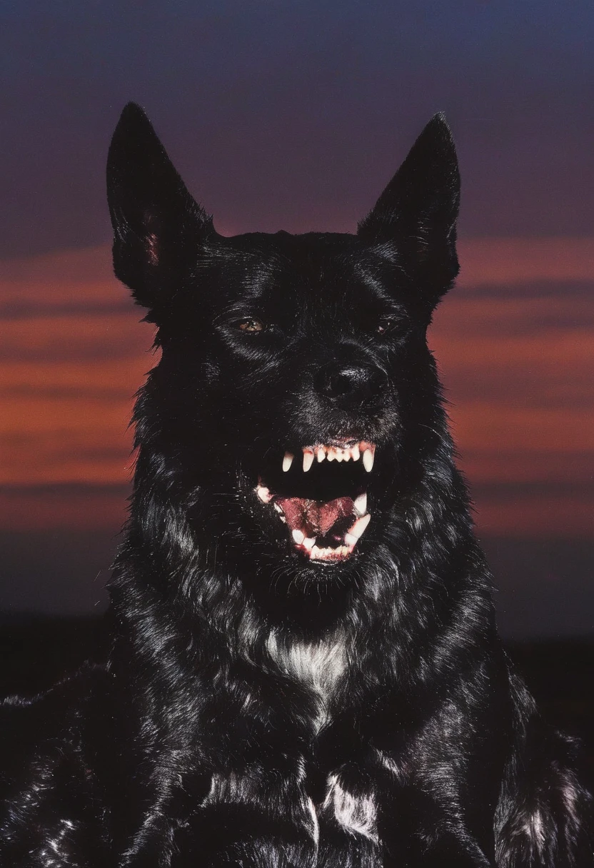 angry monster dog with big teeths all over the head in front of sunset