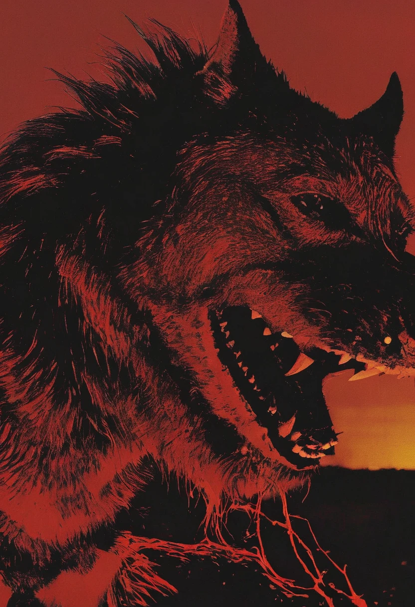 angry monster dog with big teeths all over the head in front of sunset