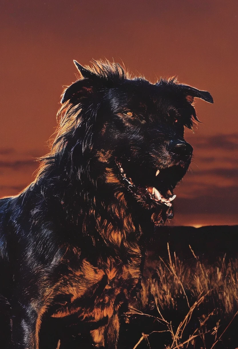 angry monster dog with big teeths all over the head in front of sunset