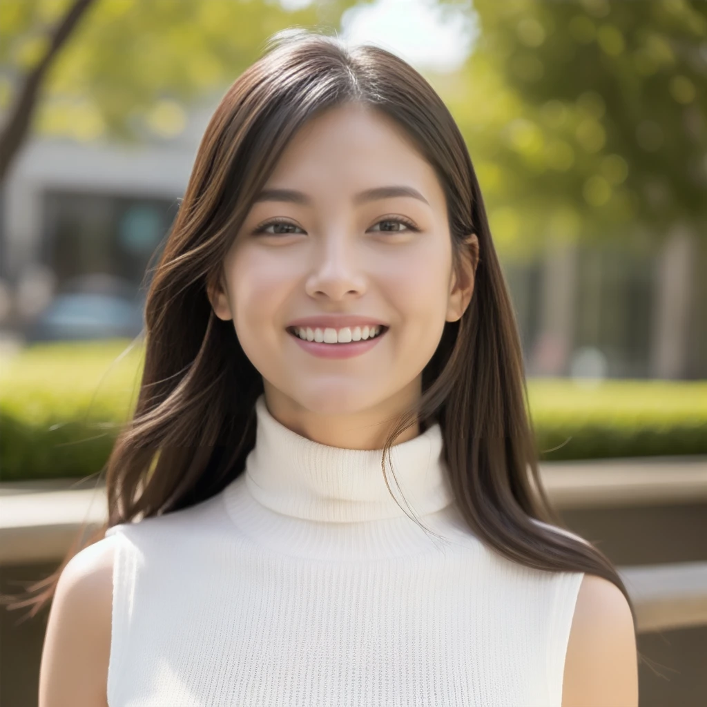 The face of a hostess、British high neck sleeveless knit、High quality、Ultra-realistic、fine、Smiling face、Slim perfect figure、Japanese beauty、 Perfect Eyes、Radiant Skin、Business city background