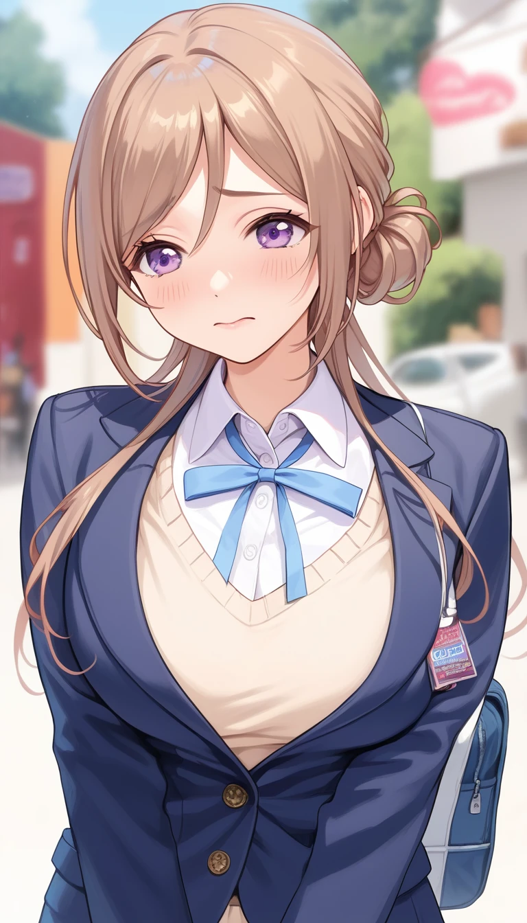 16k,1girl,himesaki rinami,purple eyes,brown hair,hair bun,long hair, , blazer, blue neck ribbon,blush,embarrassed,big breast,breast focus,looking view