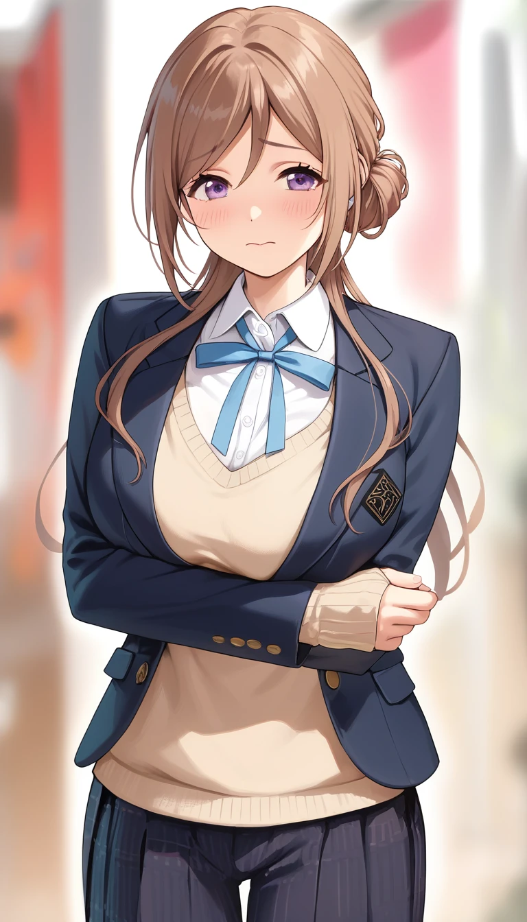 16k,1girl,himesaki rinami,purple eyes,brown hair,hair bun,long hair, , blazer, blue neck ribbon,blush,embarrassed,big breast,breast focus,looking view