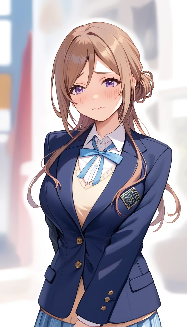 16k,1girl,himesaki rinami,purple eyes,brown hair,hair bun,long hair, , blazer, blue neck ribbon,blush,embarrassed,big breast,breast focus,looking view