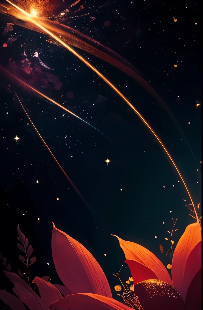 a bouquet of flowers with a crescent and stars on a black background, glowing flowers, 🌺 cgsociety, flowers and gold, floral sunset, night sky full of flowers, magical flowers, floral growth, celestial red flowers vibe, floral!, jen bartel, floral environment, nature and floral aesthetics, floral! intricate, gilded. floral, luminous flowers, #pixelart, # pixelart