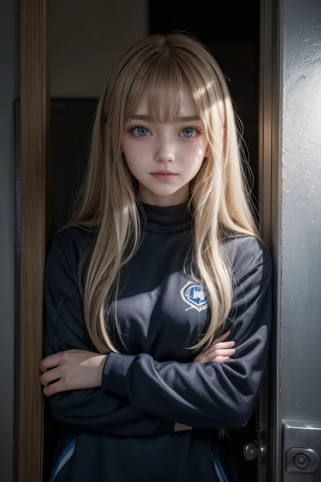 Screenshot of the anime Boku no hero gym, -yeld gi Long straight hair blond dark blue strands, dark blue side bangs, a little messy, Inclined eyes, dark black eyes, beautiful eyelashes, smiling expression and sad look, wearing a gray uniform, leaning against a door, Night light.