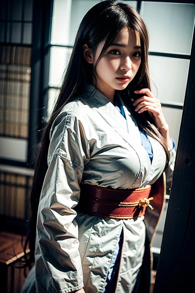 a japanese girl in Japanese uniform with oversized breasts, very detailed face, beautiful eyes, beautiful lips, long eyelashes, flowing hair, intricate , delicate details, photorealistic, 8k, hyperdetailed, extremely detailed, masterpiece, cinematic lighting, dramatic colors, vibrant colors, warm tones