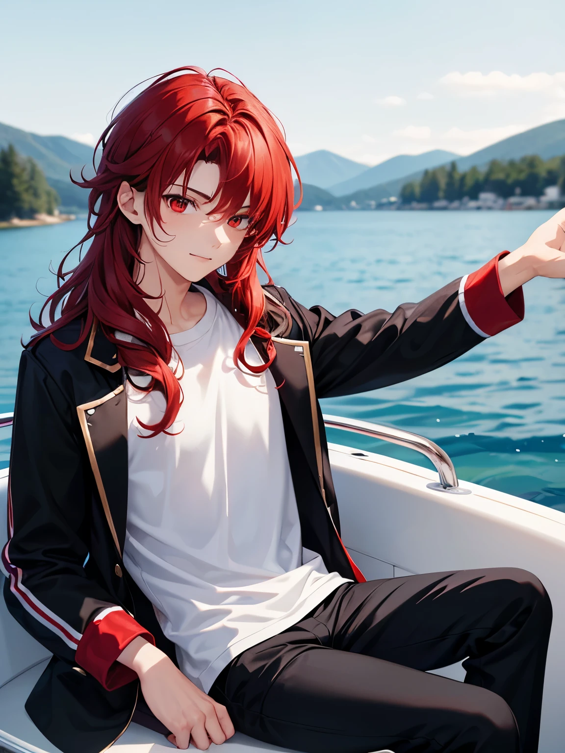 1boy,18 years old,Sitting on a boat, on a lake,cool,slight smile,middle parted hairstyle,Standing facing backwards,talking,Curly hair, red hair, red eyes, long hair, vampire, handsome,,, standing,close up photo,White t-shirt, black jacket,black jacket,,black trousers