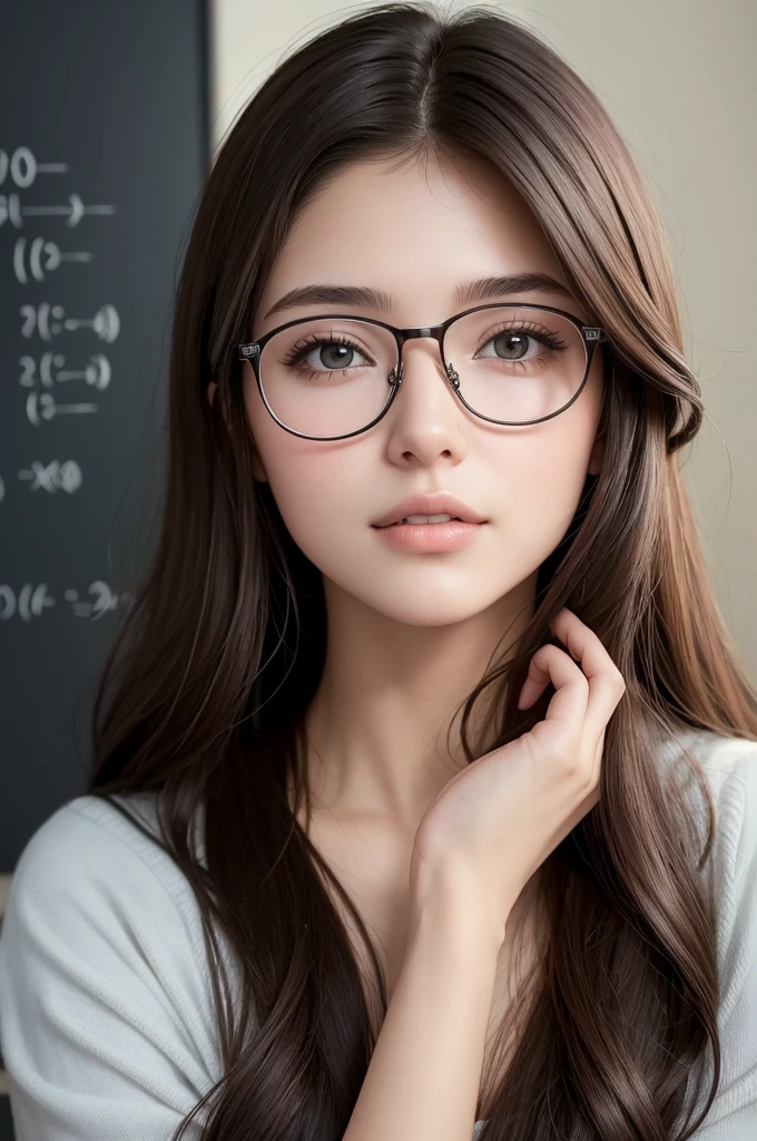 ((best quality)), ((masterpiece)), (detailed), perfect face uma mulher de 20 anos, cabelos longos, dark brown hair color Wears prescription glasses dark eye color girl passionate about mathematics