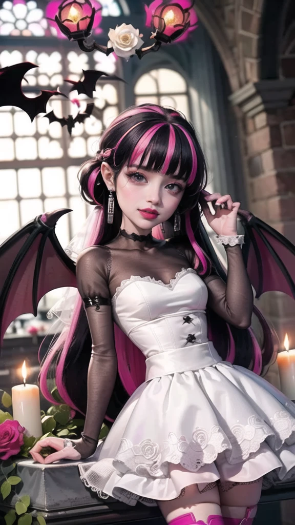 ((high quality)), ((Work of art)), (more detail), 1girl, succubus, centered, a girl with a bat wings, wedding dress, award winning upper body portrait, cowboy shot, Draculaura_MH, solo, black half hair, pink half hair, multicolored hair, long hair, wave hair, braided hair, white shirt, white skirt, pink knee boots, sad expression, gothic church , gothic architecture, church scenery, candles, white roses, depth of field, cinematic composition, half black hair, half soft pink hair, wave hair, seat close to a coffin, white roses, smile, vampire fangs, wedding dress, bat wings, white dress, white dress with transparency, pink laces, white gloves, white high socks, pink high hills boots, bat jewelry, jewelry, grass, white roses on focus, Draculaura_(monster high), Monster High, looking at the viewer, more details on the clothes, petals in the air