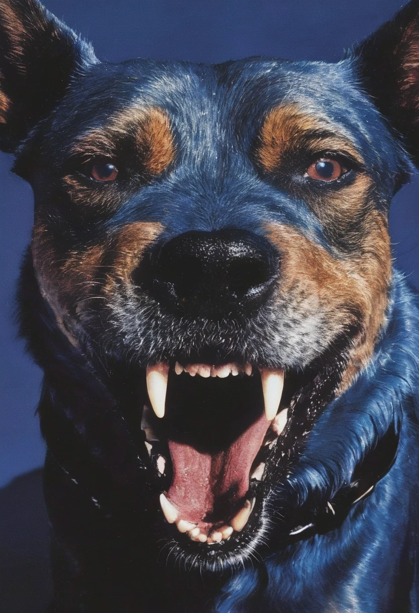 close up angry blue dog with giant teeths
