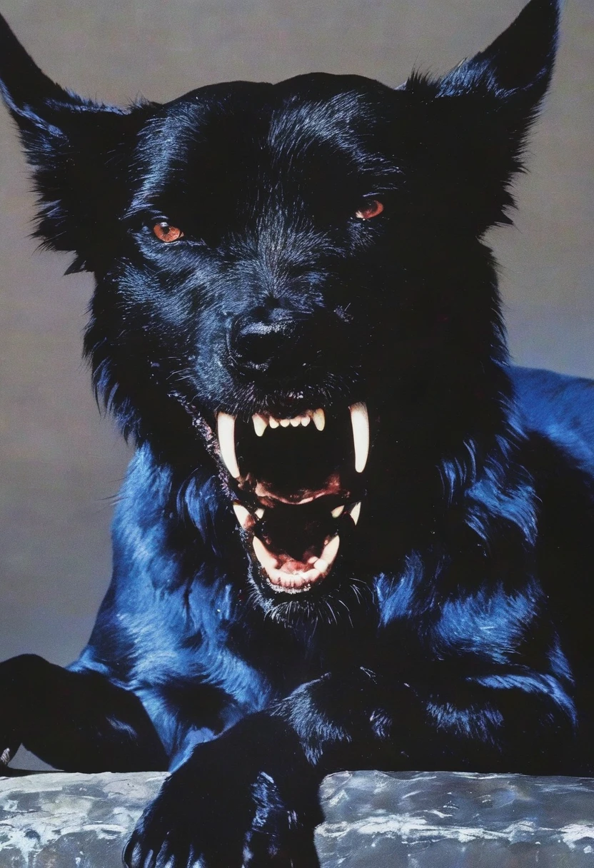 giant angry dog at night, blue background