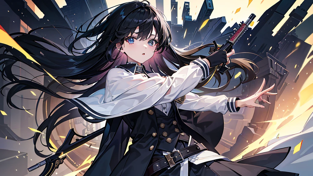 (Highest quality、8k、masterpiece:1.3)、One Woman、Black Hair、Have a revolver