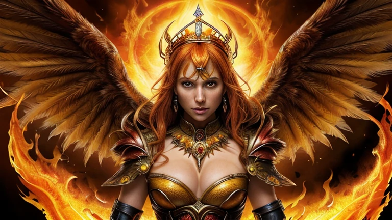 (Bokeh,Godre,North American woman,Symmetry,Side Bangs,crown,earrings,necklace,(Mustard Armored Dress:1.1),Above,(Fantasy style:1.2),(high quality:1.3),(best quality:1.3),(masterpiece:1.3),Official Wallpapers,4K Textures,epic(1.5),(Phoenix girl),(Wings of Gem:1),(detailed feathers),Glowing magic rune,(Blazing Wings),Aggressive Posture,During the flight,(detailed plumage),Glow Effect,Dark background,Fire and Ice,Flames and water,Dramatic Lighting,Fire and Ice,(detailed:1.05),(extremely detailed:1.06),(Clear focus:0.83),(complex:1.03),(extremely complex:1.04),(epic scenery:1.09),(Soothing Tones:0.83),(Human Development Report:0.83),(Beautiful scenery:1.08),(detailed scenery:1.08),(complex scenery:1.07),(:1.05),(Pretty Face:1.1),([Perfect eyes:0.8]:0.83),([Perfect skin:0.8]:0.83),([detailed face:0.8]:0.83),([detailed eyes:0.8]:0.83),([detailed hair:0.9]:0.83),([detailed lips:0.8]:0.83),(Tower of Doom Halo:0.8),