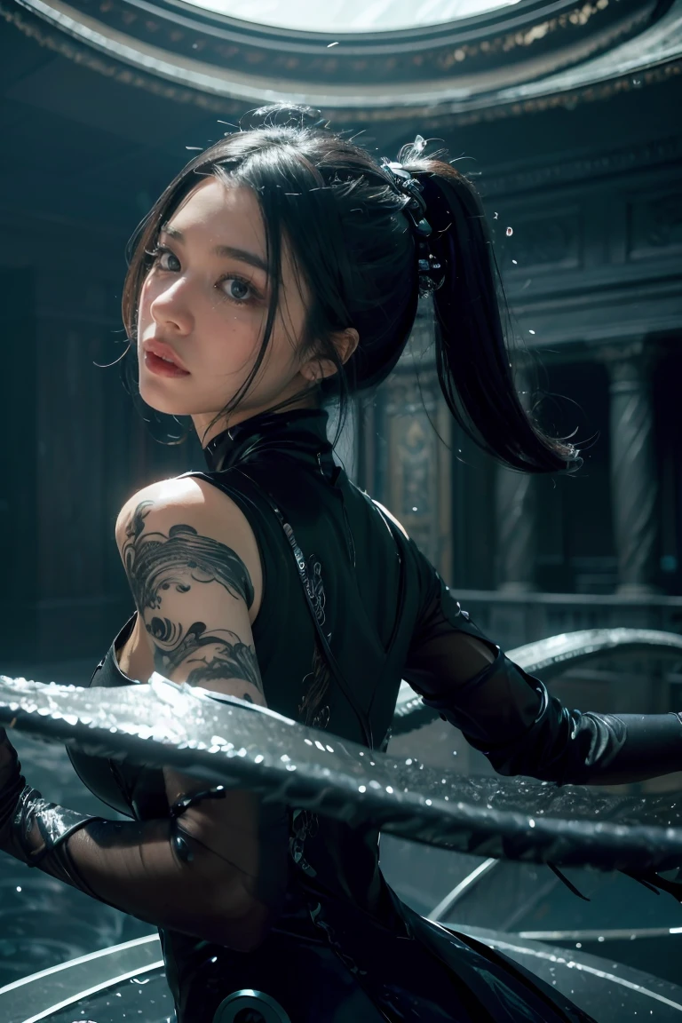 ((masterpiece, best quality)), ultra detailed 8k, photorealistic, sharp focus, highly detailed, professional lighting , shadowmancer, photo of a woman, ink particle, ((swirling black ink floating around)), futuristic fantasy, futuristic black dress, dynamic pose, realistic, masterpiece, intricate details, detailed background, depth of field,