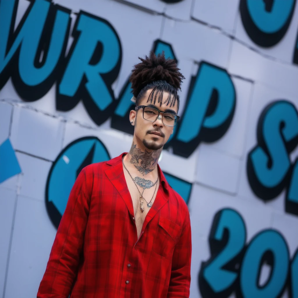 there is a man with a tattoo on his chest and glasses, realistic