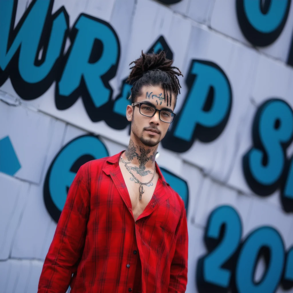 there is a man with a tattoo on his chest and glasses, realistic