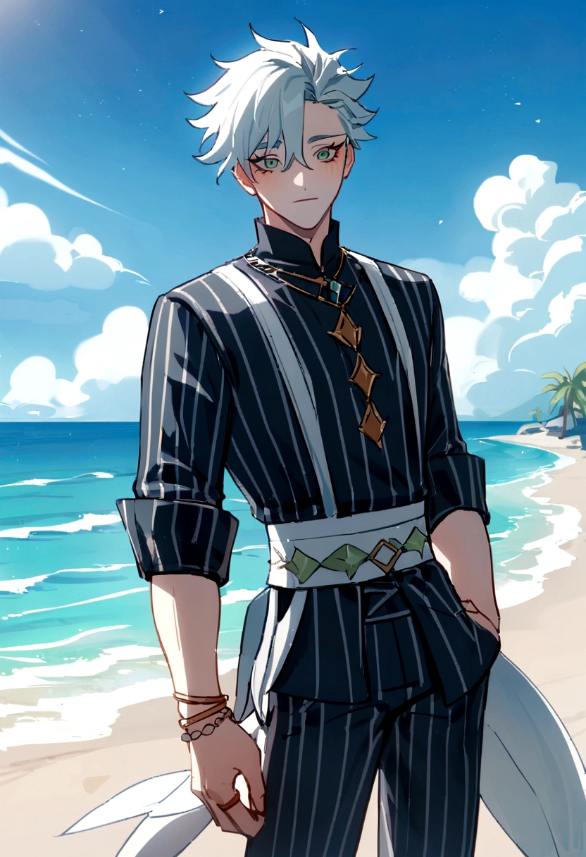 Arlechino (del juego de genshin impact) con Satoru Gojo (jujutsu kaisen) on a beach day