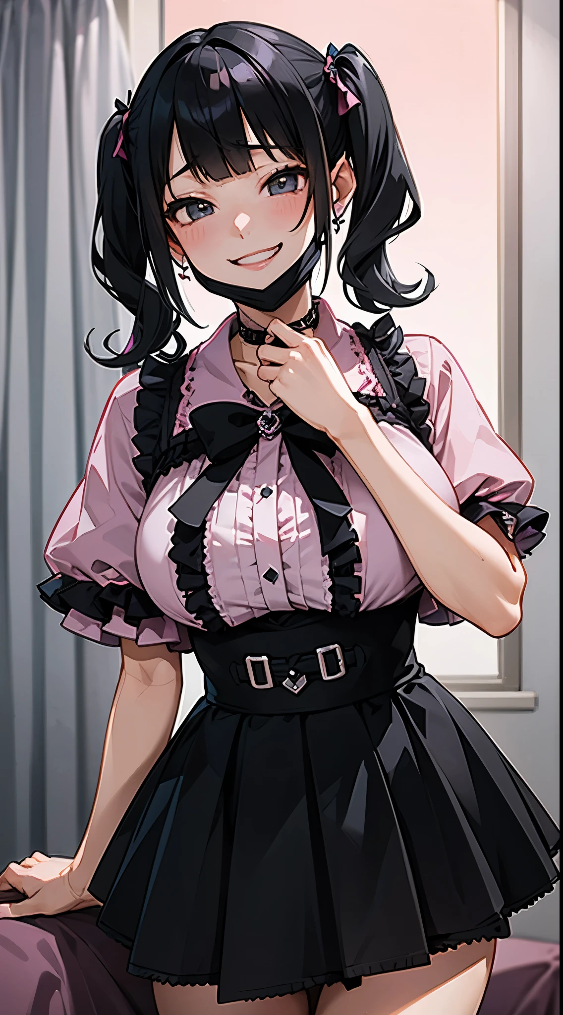 (8k、Best image quality、Highest quality、masterpiece)、Detailed face、One Girl、Black Hair、((Twin tails))、Blunt bangs、short hair、Wavy Hair、Grey Eyes、Earrings、Wicked Smile、Grin、mask_Pull、Super big breasts、((Pink clothes))、Black mini skirt、jirai kei attire、Cowboy Shot、(night:1.8, Love hotels in Japan:1.8, Dark Room:1.8, Dark pink lighting:1.7, Teasing in bed)