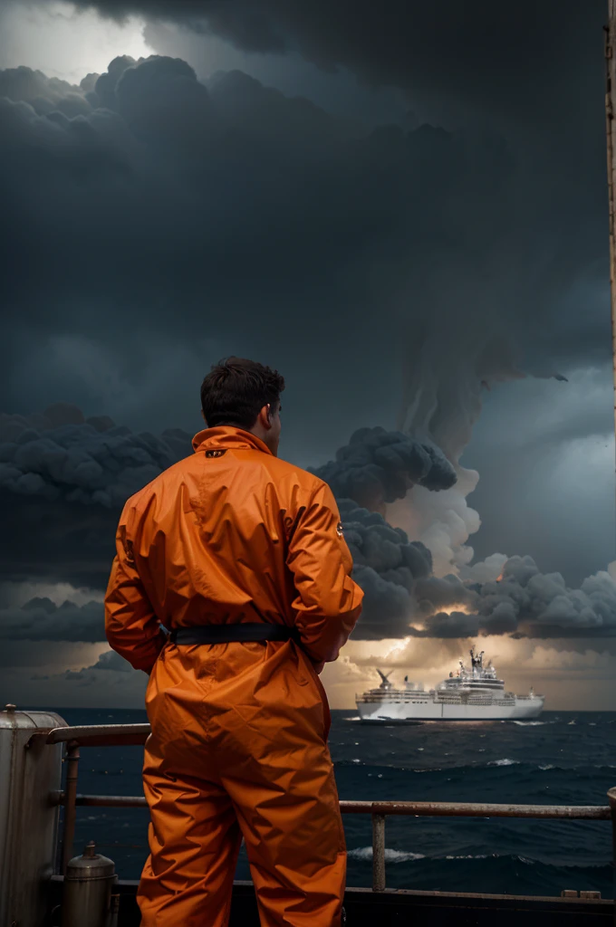 a man standing on a ship, facing bad weather.the storm brewing infront of him. On the back of his orange boiler suit a name is written the name 'Anglo Eastern'."
And he is facing the sea