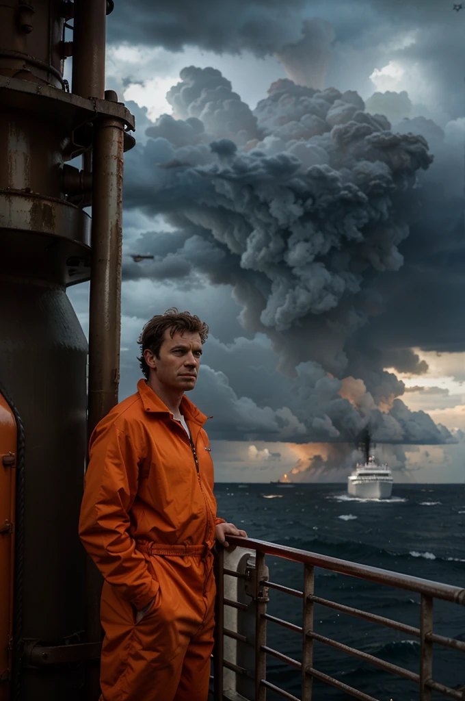 a man standing on a ship, facing bad weather.the storm brewing infront of him. On the back of his orange boiler suit a name is written  the name 'Anglo Eastern'."
And he is facing the sea
