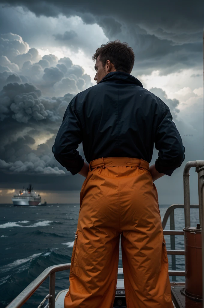 a man standing on a ship, facing bad weather.the storm brewing infront of him. On the back of his orange boiler suit a name is written  the name 'Anglo Eastern'."
And he is facing the sea