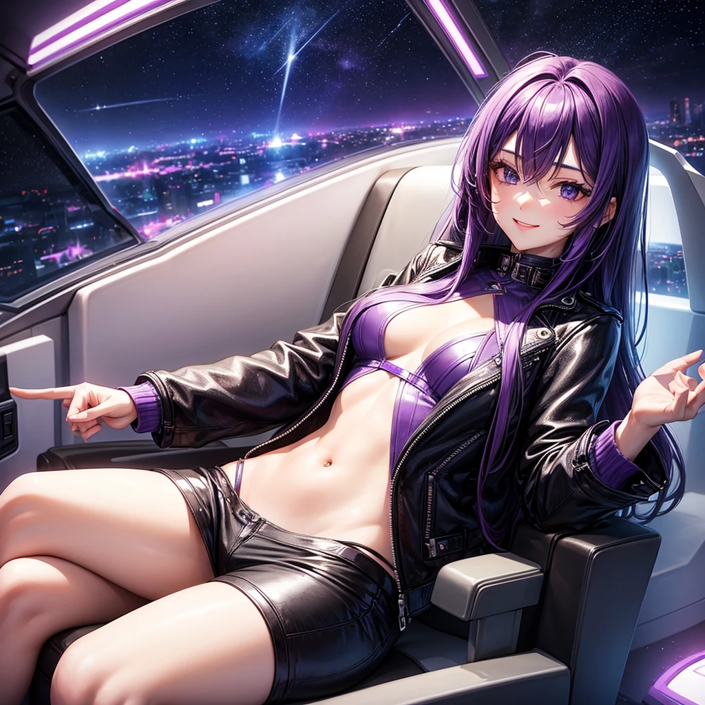 A young sexy woman with long purple hair and sexy clothes sits in a spaceship seat、A beautiful starry sky can be seen from the window.。smile，leather jacket，Future Fashion，Angel girl