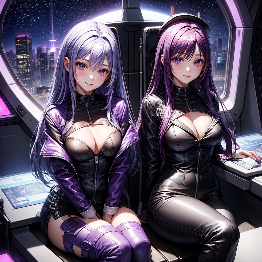 A young sexy woman with long purple hair and sexy clothes sits in a spaceship seat、A beautiful starry sky can be seen from the window.。smile,leather jacket,Future Fashion,Angel girl