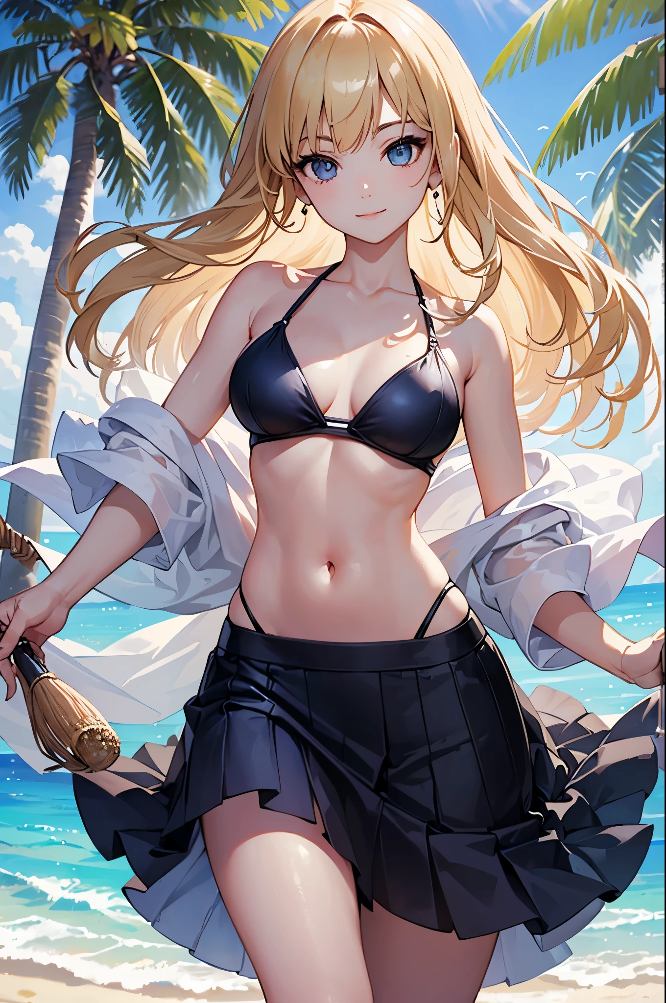 realistic, 1girl, blonde hair, purple eyes, bikini, beach, light particles, light rays, wallpaper,