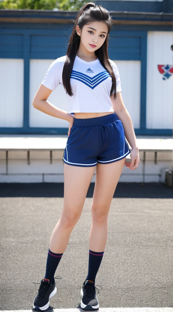 Highest quality、Highest quality、16K quality、Highly detailed figure、Highly detailed face、Highly detailed eyes、Highly detailed nose、Highly detailed facial expressions、Highly detailed full body、Being in reality、-yeld gimain character、white、Short sleeves、Round neck、The school emblem is on the left chest.、Gymnastics uniform T-shirt、Dark blue shorts、Gym shorts、Close to the skin、Tight、16 year oreasts、Full body photo、Are standing、Emphasizes the beauty of thigh muscles、Full body photo、black tights、School classroom、Front view