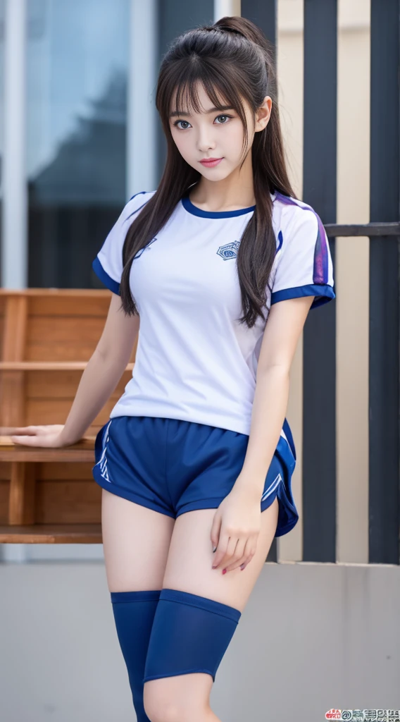 Highest quality、Highest quality、16K quality、Highly detailed figure、Highly detailed face、Highly detailed eyes、Highly detailed nose、Highly detailed facial expressions、Highly detailed full body、Being in reality、16-year-old girl、main character、white、Short sleeves、Round neck、The school emblem is on the left chest.、Gymnastics uniform T-shirt、Dark blue shorts、Gym shorts、Close to the skin、Tight、16 year old girl's breasts、Full body photo、Are standing、Emphasizes the beauty of thigh muscles、Full body photo、black tights、School classroom、Front view