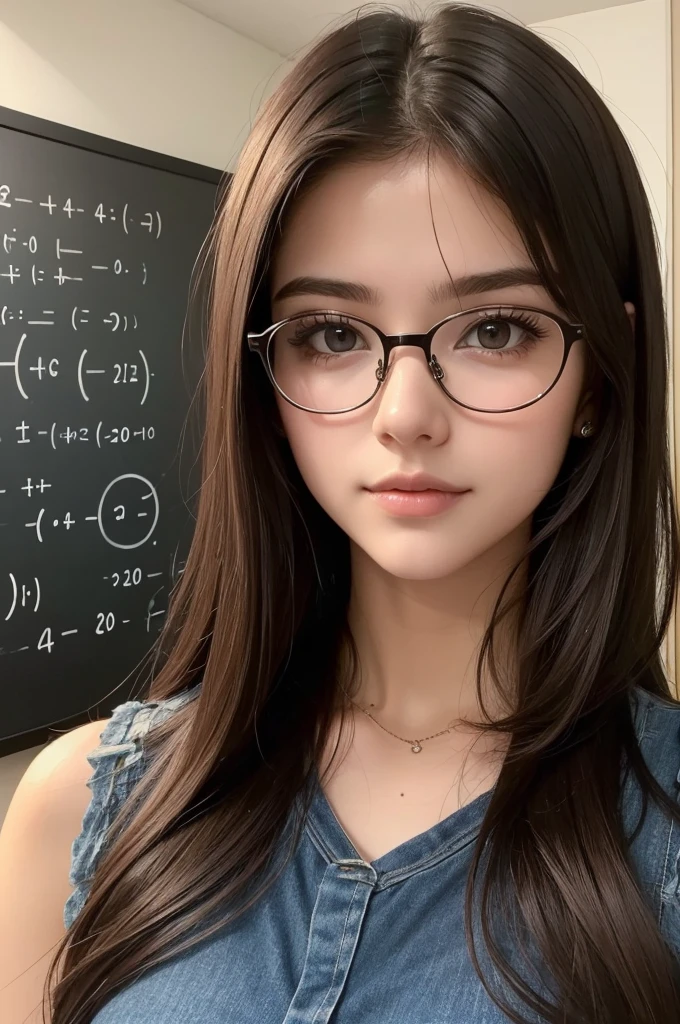 ((best quality)), ((masterpiece)), (detailed), perfect face uma mulher de 20 anos, cabelos longos, dark brown hair color Wears prescription glasses dark eye color girl passionate about mathematics