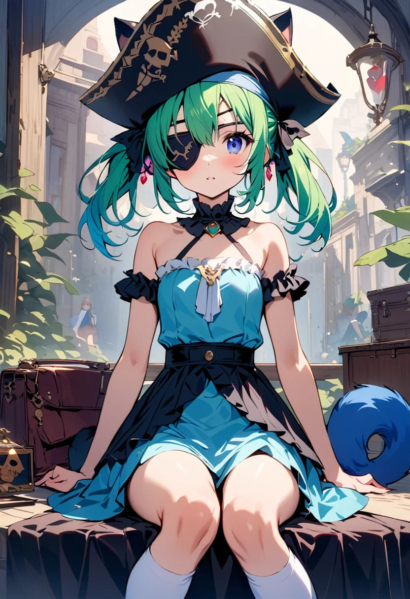 masterpiece, Highest quality, Illustrations for novels, High resolution, 18+ Adult content, Sensual, Intimate, Emotional, Passionate, romantic, sweet, Adorable, Innocent, Pure, Enchanting, Enchantingな, attractive, mysterious, Enchantingな, Enchanting, Immersive, Enchantingな, dream-like, Surreal, Imaginative, Whimsical, Artistic, Avant-garde, timeless, elegant, Sophisticated, chic, Sophisticated, Individuality, original, Enchantingな,One girl,Deltamon_beta, alone, blue eyes, Knee socks, Animal ears, Bare shoulders, Blue Tail, Earrings,Removable sleeves, Green Hair, No sleeve, Cat ear, bag, white Knee socks, Cat's Tail,pink backpack,Pink school bag,Lavender lace: Lavender Peter Pan collar lace dress, Paired with ivory tights and Mary Jane shoes.,Cherry-blossom viewing, azalea, satsuki, azalea blizzard,
rest (( Pirate:1.3)),((Eye patch:1.3))、
