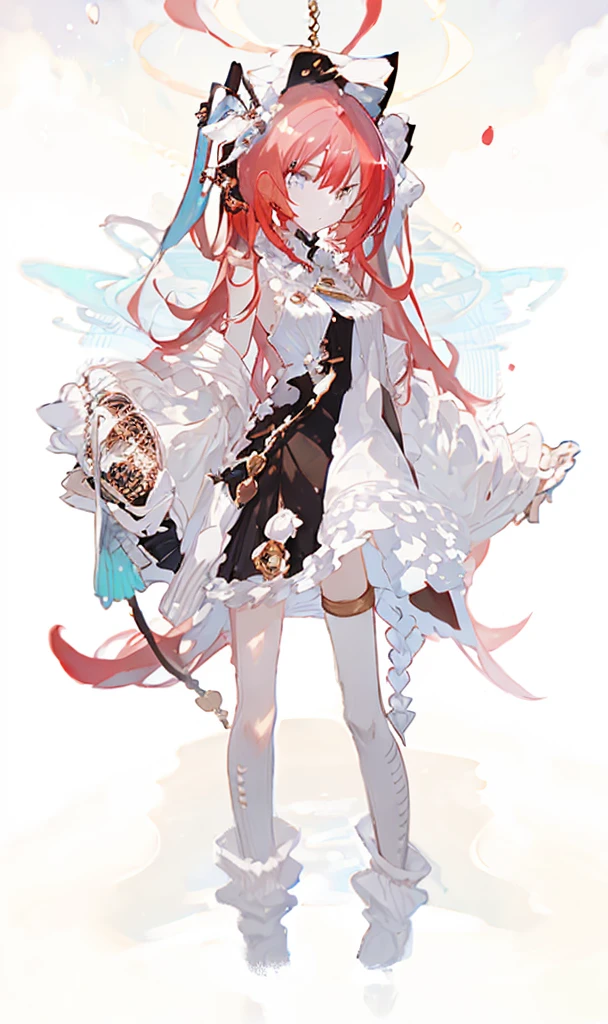 A girl，whole body，Standing picture，Character Design，Red Hair，apple，Complex headdress，Complex clothes，Long hair，Double tail