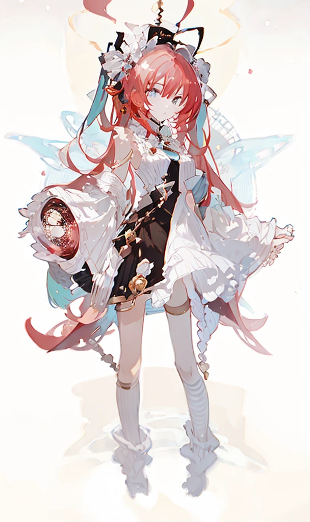 A girl，whole body，Standing picture，Character Design，Red Hair，apple，Complex headdress，Complex clothes，Long hair，Double tail